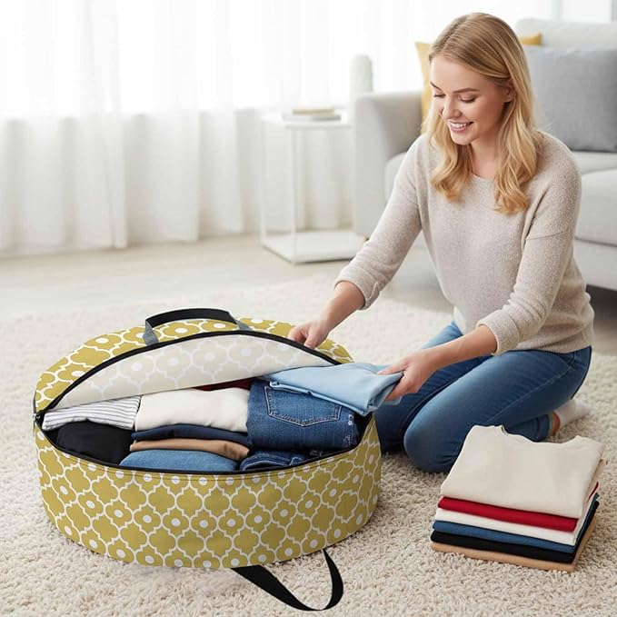 Storage Bag Retro Moroccan Design Round Storage Totes Bins Closet Organizers with Zippers & Handle Yellow Geometric Pattern Clothes Storage Container for Bedroom Dorm Space Saving Packing Supplies