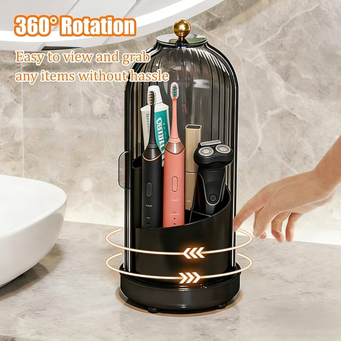 JEESA Toothbrush Holder Organizer, with Drainage Holes, with Dustproof Cover, 360 Rotating, 3 Slots, for Bathroom Countertop, Black