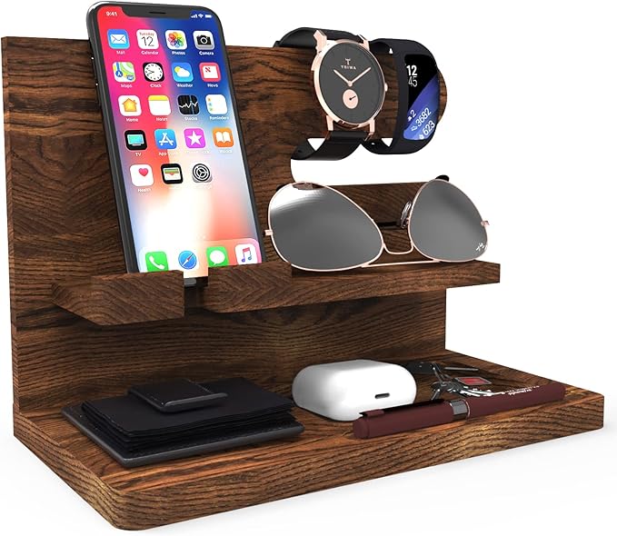 Gifts for Men Wood Phone Docking Station Birthday Gift for Men Valentines Day Gifts Father Gift for Him Boyfriend Nightstand Organizer Desktop Phone Stand