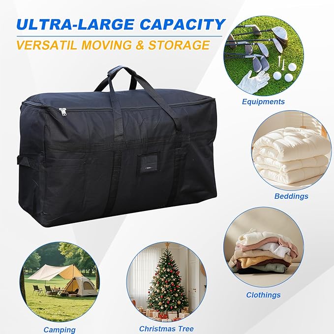 Large Moving Bags,4 FT Christmas Tree Storage Bag with Strong Zipper & Comfortable Handles, Sturdy & Durable Clothes Storage Bags Totes Bins, Black Packing Moving Boxes for College Supplies