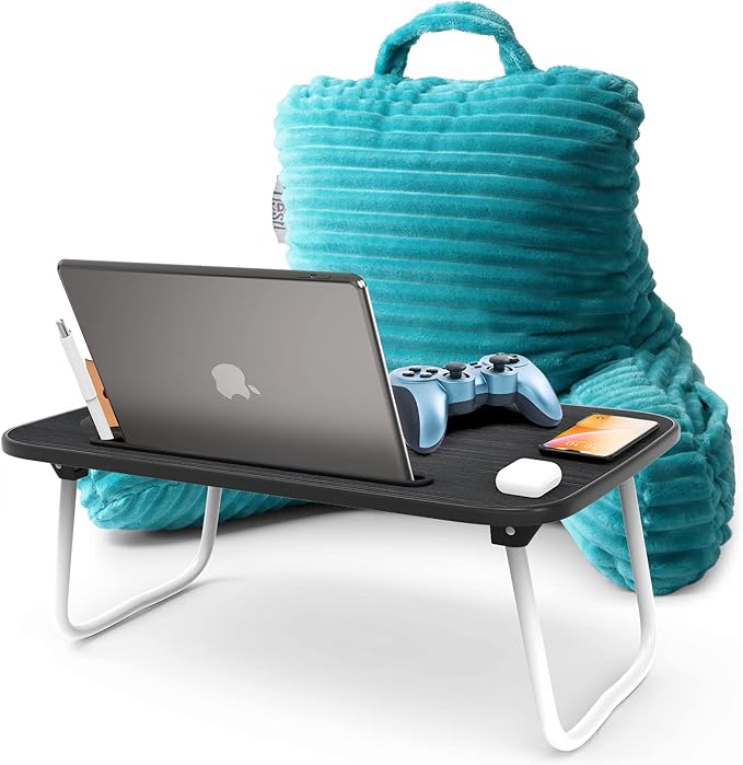 Nestl Teal Reading Pillow with Bed Desk for Laptop and Writing, Luxe Cut Plush Back Pillow for Sitting Up, Back and Arms Adjustable Support for Kids and Teens, Foldable Lap Desk for Bed 19x11”