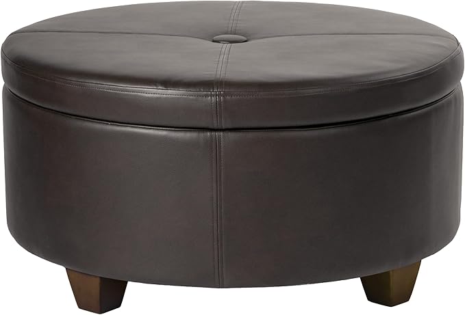 Homepop Home Decor | Upholstered Faux Leather Large Tufted Round Storage Ottoman | Button Top Ottoman with Storage for Living Room & Bedroom | Decorative Home Furniture, Vintage Brown Faux Leather