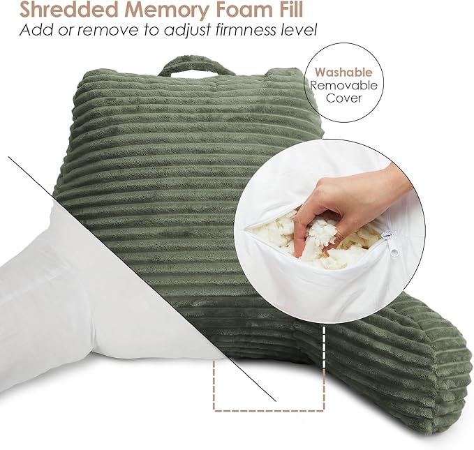 Clara Clark Reading Pillow for Bed Adult – Back Pillow for Sitting in Bed, Standard Bed Pillows for Sitting Up in Bed, Foam Bed Chair Pillow, Olive Green Bed Rest Pillow