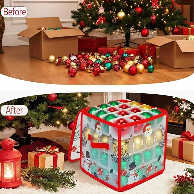 Christmas Ornament Storage Box, Christmas Tree Ornament Organizer, Hard Plastic Storage Container with Dividers, Clear Design Waterproof Case for 3" Seasons Balls (Red)