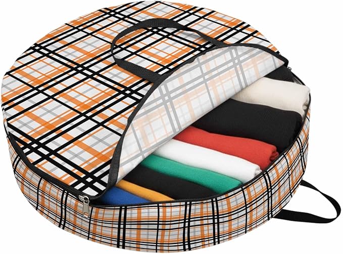 Storage Bag Orange Buffalo Plaid Round Storage Totes Bins Closet Organizers with Zippers & Handle Black Check Stripe Clothes Storage Container for Bedroom Dorm Space Saving Packing Supplies Bags