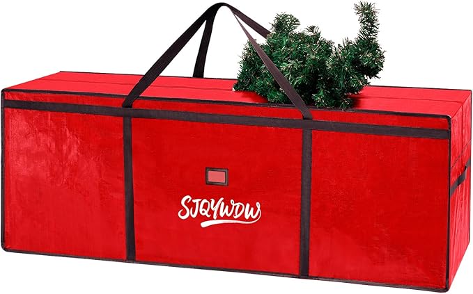 Christmas Tree Storage Bag 9ft, Heavy Duty Artificial Xmas Bag with Reinforced Handles, Dual Zippers Wide Opening, Two Mesh Pockets, PE Large Storage Container for Decorations Trees (Red)