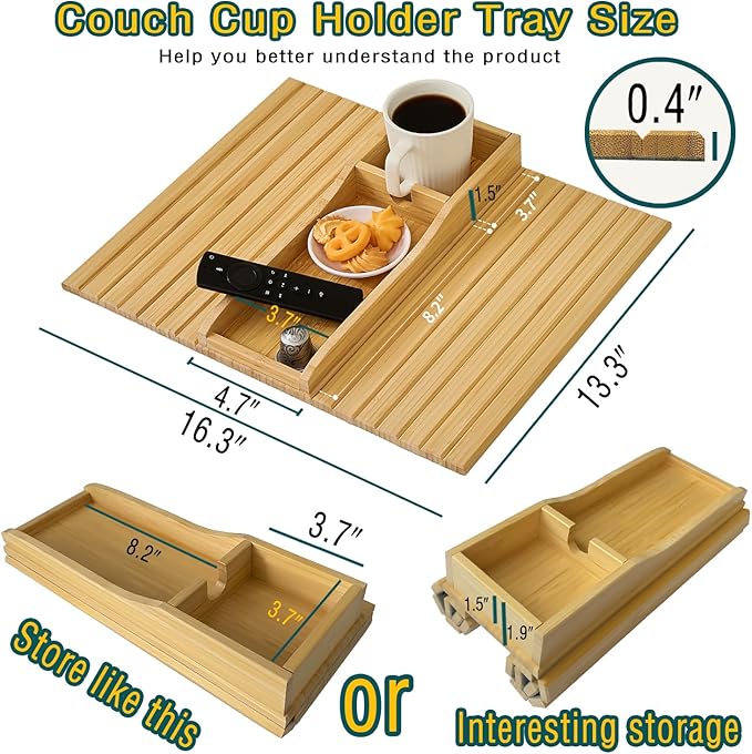 Bamboo Couch Cup Holder Arm Tray Table，Couch Drink Holder，Sofa Cup Holder Armrest Tray，Anti-Slip Foldable Arm Chair Table Tray Recliners for Drink,Cups, Snacks, Phone, Remote