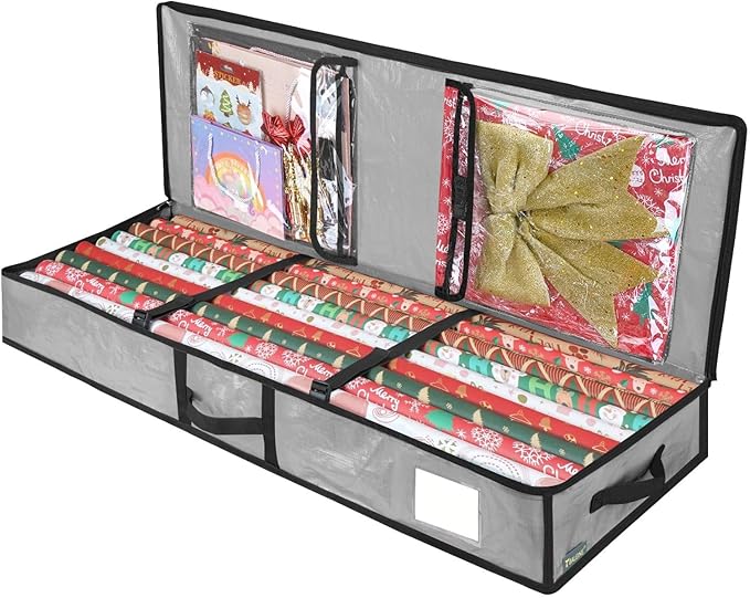Gift Wrapping Storage Box Christmas Wrapping Paper Storage Bag with Flexible Partitions Pockets Capacity Durable Handle Gift Wrap Organizer