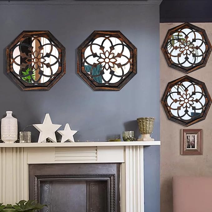 ZOLAPI 2-Piece Octagon Wall-Mounted Mirrors,Vintage Farmhouse Mirror for Wall Decor,Caramel Color Decorative Accent Mirror for Foyer, Bathroom, Bedroom. (12”x12”)