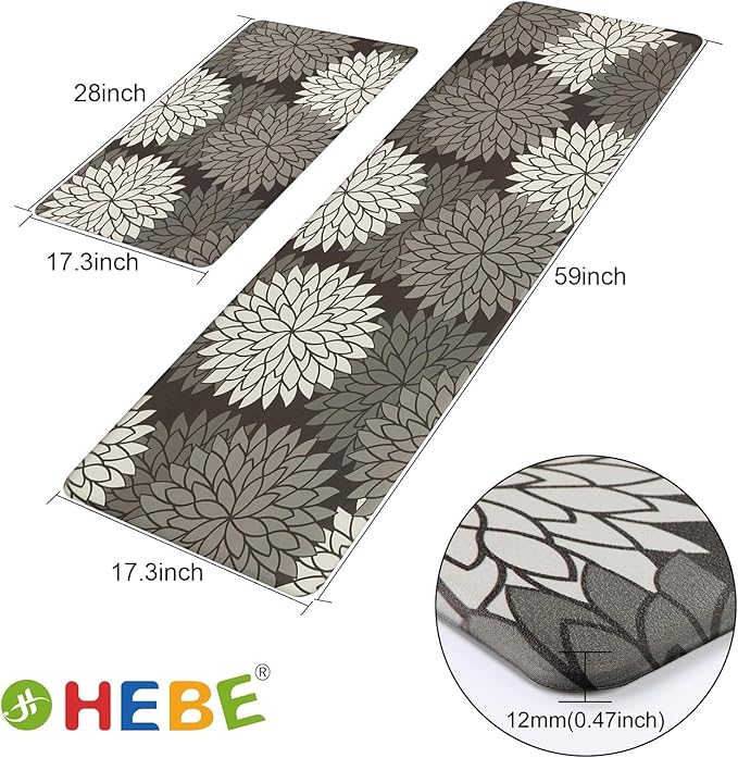 HEBE Anti Fatigue Kitchen Rugs Sets of 2, Non Slip Kitchen Mats for Floor, Waterproof Cushioned Comfort Standing Carpet for Kitchen Sink, Home Office, Laundry Room
