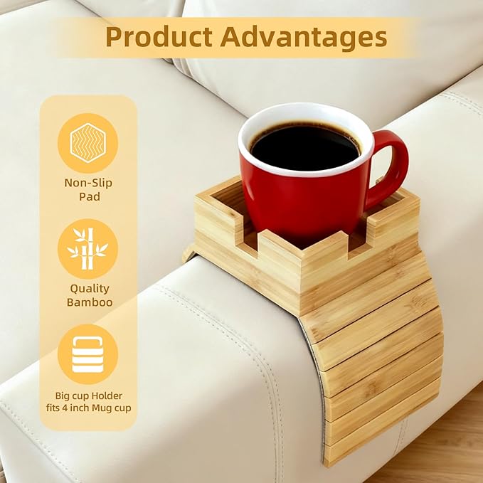 Bamboo Couch Cup Holder - Non-Slip Couch Armrest Tray for Recliner, Loveseat for Caddy Table for Drinks Cellphone TV Remote Storage(Large)