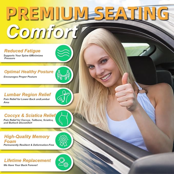 kingphenix Car Seat Cushion with Back Support Pillow: Enhanced Comfort Memory Foam Design for Pain Relief, Ideal for Drivers and Office Use - Ergonomic Lumbar Comfort for Long Sitting - Dark Grey
