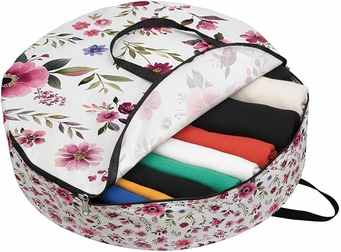 Spring Flowers Round Storage Bag 30 Inch, Pink Wildflowers Leaf Watercolor Floral Plants Clothes Storage Container with Handles Heavy Duty Organizer for Comforter, Bedding & Holiday Wreaths