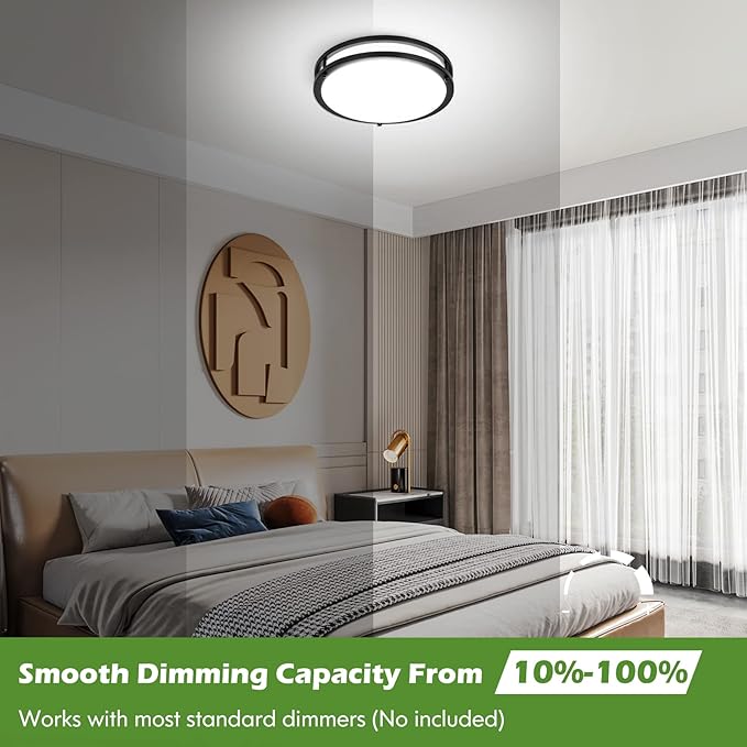 12 Inch Flush Mount Ceiling Lights, 36W 3200LM Black Dimmable Light Fixtures Ceiling Mount, 3000K-5000K Selectable Modern Kitchen Light Fixtures for Stairwell, Balcony, Corridor, Laundry (2-Pack)
