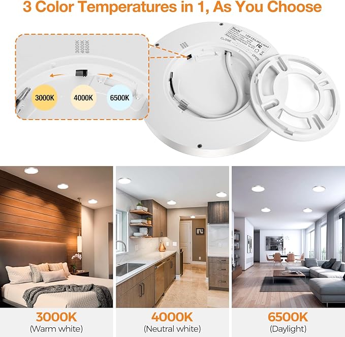 1PACK LED Flush Mount Ceiling Light Fixture, 3000K-4000K-6500K & 100W Equivalent Modern Kitchen Recessed Ceiling Lamp 12W 1200Lm 6.5 Inch Closet Round Surface for Bathroom Laundry-Brushed Nickel