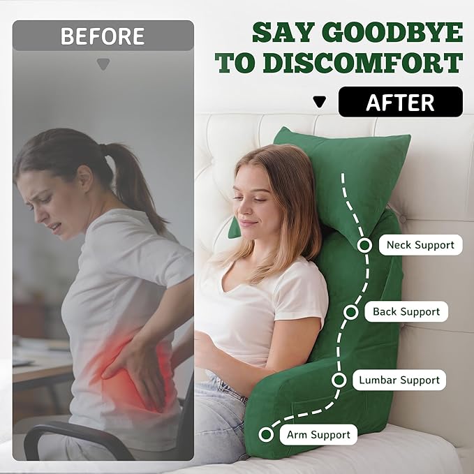Unisakey Portable Reading Pillows with Headrest for Bed Sitting Up(Green Oeko-Tex), Velvet Back Pillow with Arms & Pockets for Adults, Support Memory Foam Bed Pillow for Dorm/Reading/Watching/Gaming
