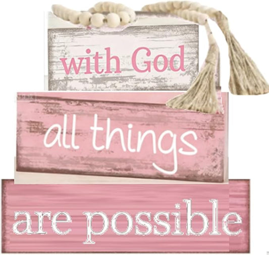Yuntau 4 Pcs Farmhouse Wooden Tabletop Decor Farmhouse Tiered Tray Decor Rustic Retro Decorative Books Wood Bead Garland with God All Things are Possible Block Centerpiece Sign for Home Shelf Mantle