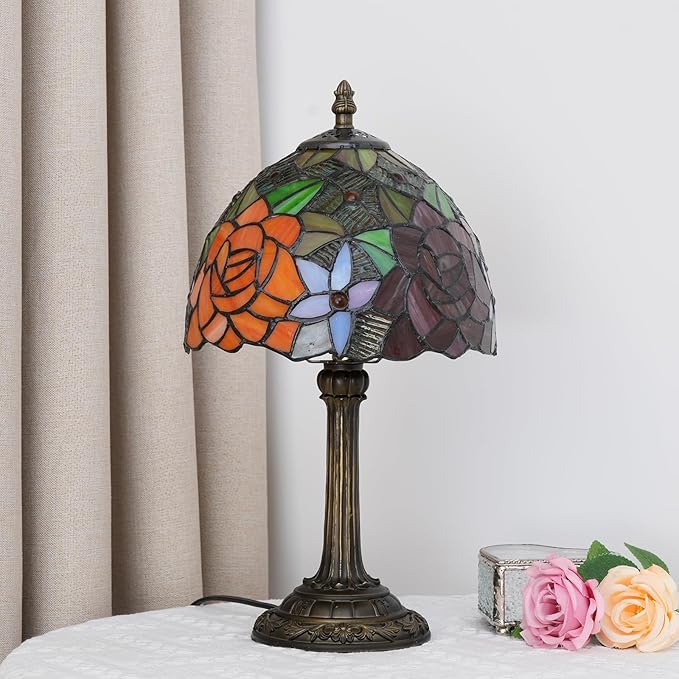 Tiffany Lamp Bedside Table Lamp-Nightstand,Stained Glass Lamp for Bedroom Dorm Living Kitchen, Aesthetic Cute Home Decor Gift (8-inch Rose)