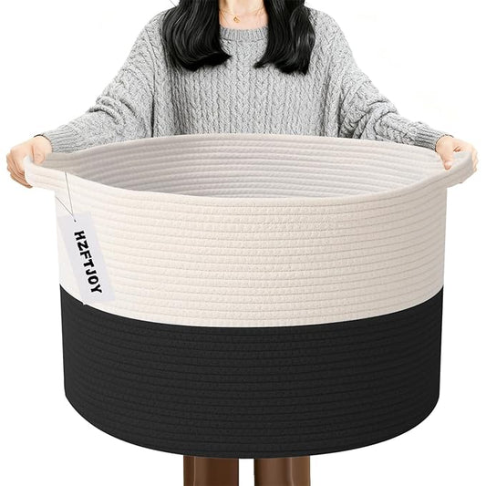 90L Extra Large Blanket Basket,Rope Woven Storage Basket with Handles, Laundry Hamper for Toys, Clothes, Pillows & Towels, Perfect for Living Room, Nursery & Bedroom,White&Black