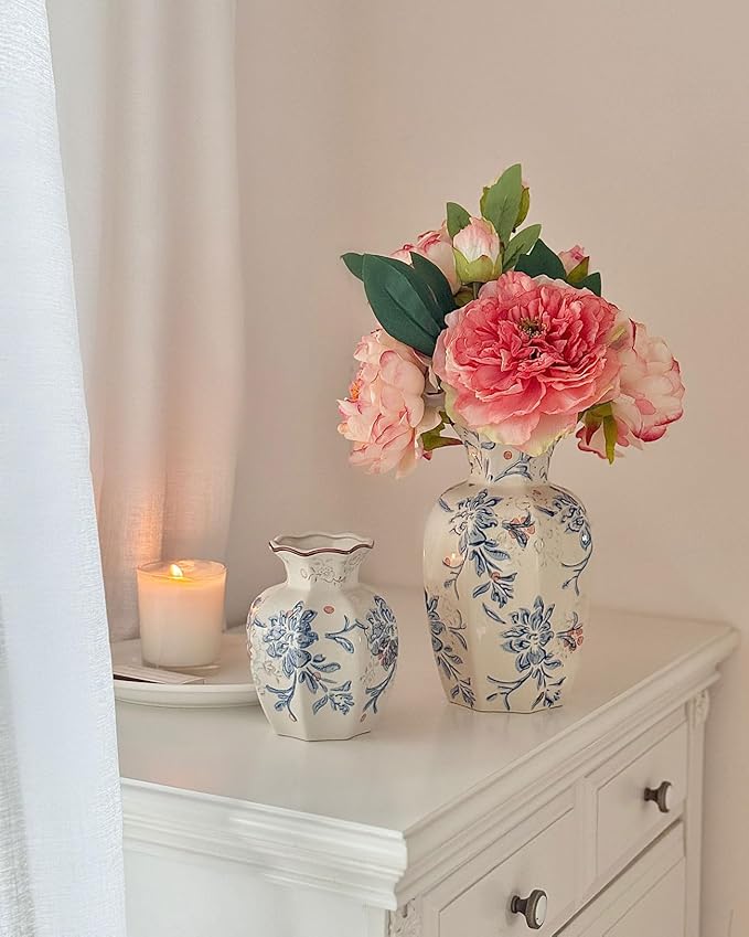Vintage Chinoiserie Ceramic Vase, Porcelain Decorative Flower Vase for Centerpiece Living Room Table Shelf, Blue and White Country Decor