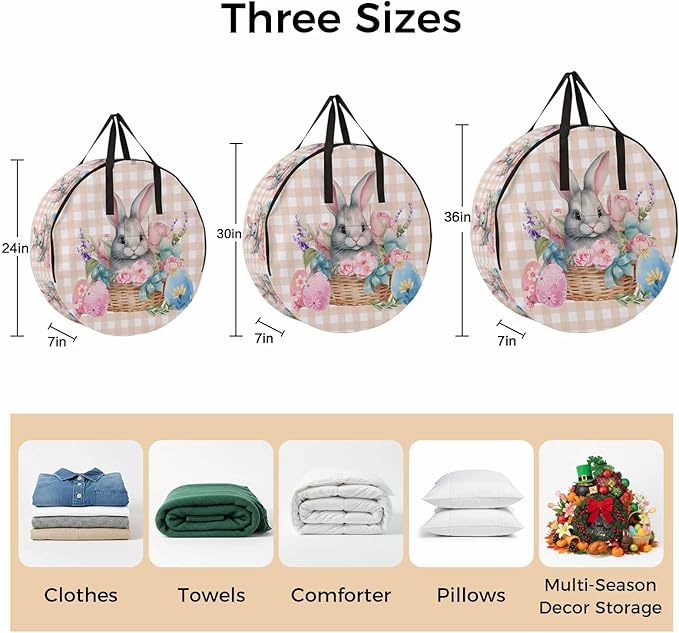 24 Inch Round Storage Bag 1 Pack,Easter Day Colorful Eggs Rabbit Flowers Waterproof Wreath Storage Container with Handles&Zipper Spring Plant Plaid Closet Organizer Bags Garland Box