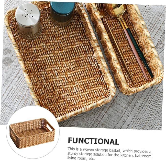 Rattan Storage Basket Wicker Tray Cutlery Basket Small Round Basket Coffee Condiment Holder Hanging Baskets for Storage Large Utensil Drawer Organizer Hamper Sundries Container Pp