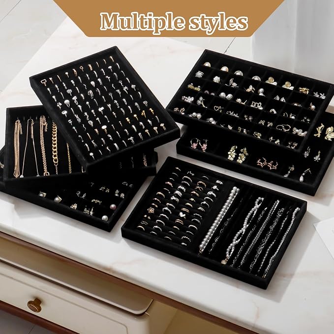 Large Velvet Jewelry Tray 2 Pack Stackable Jewelry Display Drawer Inserts Trays Organizer for Earring Bracelet Necklace Ring (Black, 12 Grids+24 Grids)