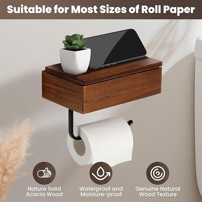 Toilet Paper Holder with Acacia Wood Shelf - Wall Mount & Self-Adhesive Bathroom Tissue Roll Holder, Black Stainless Steel with Storage - Home Apartment Restroom