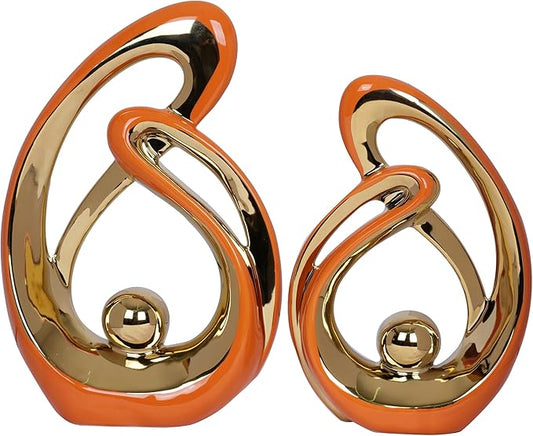 2 PCS Orange Decor Accent Ceramic Statue Orange Gold Mid Century Modern Home Decor Accents Sculpture Decorations Centerpieces for Living Room Bookshelf Shelf Coffee Table Kitchen Office Dining Table
