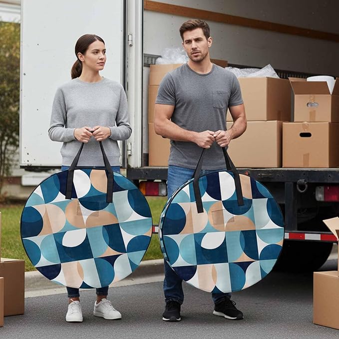 Storage Bag Mid Century Geometric Round Storage Totes Bins Closet Organizers with Zippers & Handle Abstract Modern Blue Clothes Storage Container for Bedroom Dorm Space Saving Packing Supplies Bags