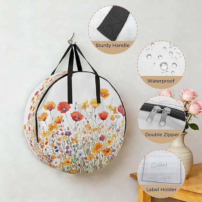 Yellow Orange Poppy Round Storage Bag 24 Inch, Watercolor Flower Spring Summer Floral Clothes Storage Container with Handles Heavy Duty Organizer for Comforter, Bedding & Holiday Wreaths