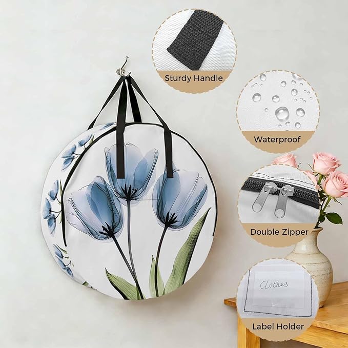 Blue Tulip Round Storage Bag 24 Inch, Country Flower Pastoral Style Clothes Storage Container with Handles Heavy Duty Organizer for Comforter, Bedding & Holiday Wreaths