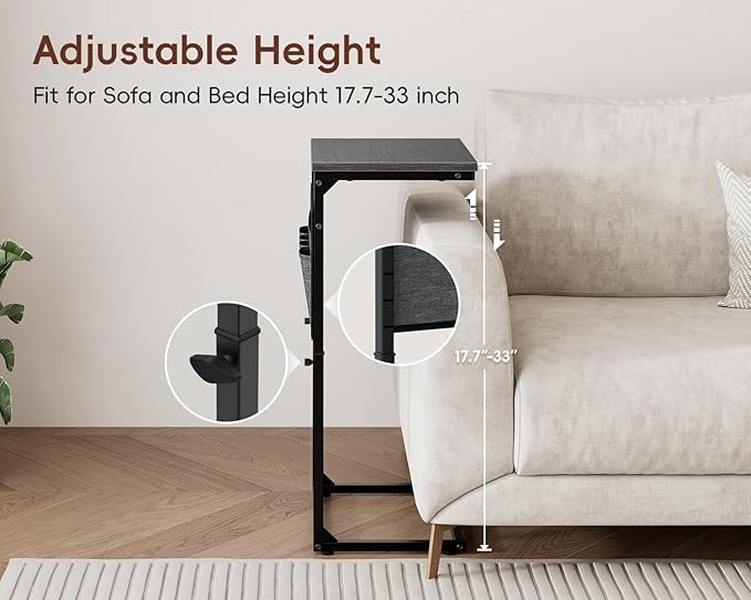 Vagusicc C Shaped End Table with Charging Station, 33" Tall Side Table for Couch, Sofa Table Adjustable Height Couch Side C Table, Slide Under Sofa Tray Table for Living Room Bedroom, Gray Walnut