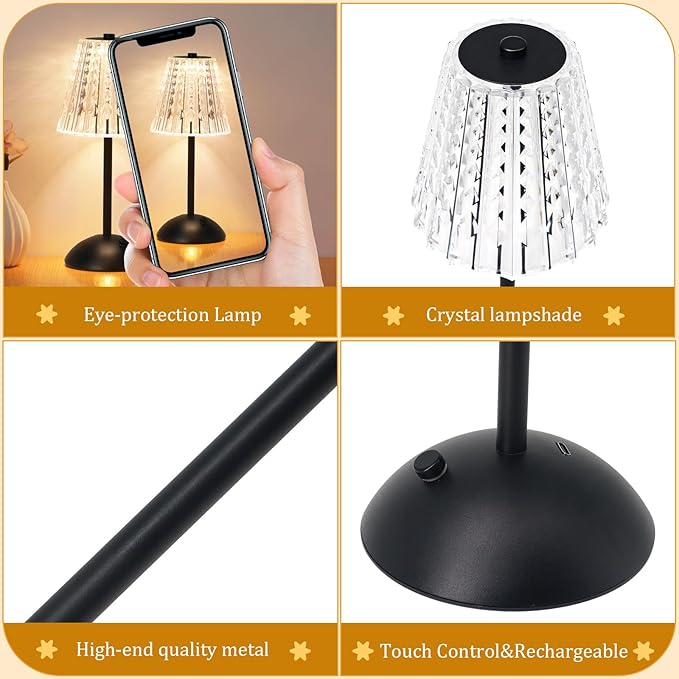 Nusogon Cordless Touch Table Lamp, 3500mAh Rechargeable Small Dask Lamp, 3 Colors Dimmable Battery Operated Crysta Lamp for Bedroom Restaurant Kitchen Home Decor, Black, 2pcs