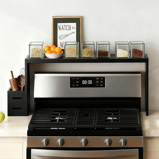 31-inch bamboo stove rack for above the hob, kitchen bamboo spice rack, supports up to 50 pounds. Bamboo stove rack for storing spices and kitchen utensils. (Black)