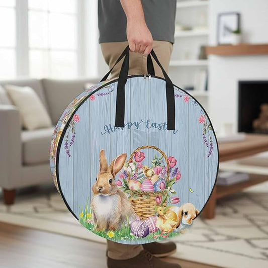 24 Inch Round Storage Bag 1 Pack,Happy Easter Bunny Egg with Basket Waterproof Wreath Storage Container with Handles&Zipper Flower on Farm Blue Wood Grain Closet Organizer Bags Garland Box