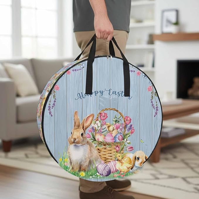30 Inch Round Storage Bag 1 Pack,Happy Easter Bunny Egg with Basket Waterproof Wreath Storage Container with Handles&Zipper Flower on Farm Blue Wood Grain Closet Organizer Bags Garland Box