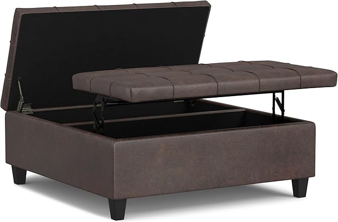 SIMPLIHOME Harrison Large Coffee Table Storage Ottoman - 40 inch Wide Upholstered Vegan Leather Square Lift-Top Ottoman in Distressed Brown, Transitional Bench for Living Room with Sturdy Base