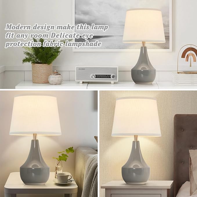GyroVu 18" Table Lamp Set of 2, Ceramic Table Lamp Classic Beside Lamps Nightstand Lamp Modern Lamp for Living Room, Bedroom & Office Rocker Swtich Grey-LED Bulbs Included