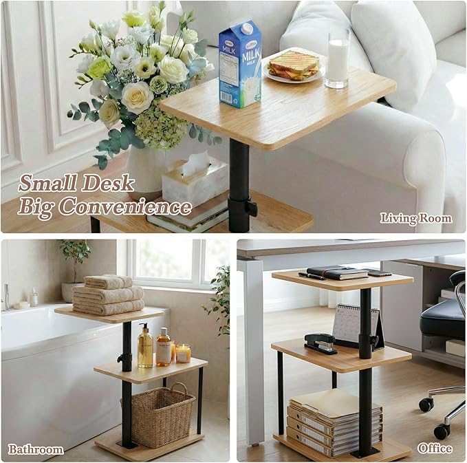 Faesun 360° Swivel Side Table for Height Adjustable, C Shaped End Table for Couch with Storage, 3-Tier Night Stand with Open Shelf, Tv Tray for Small Spaces, Living Room, Bedroom, Oak