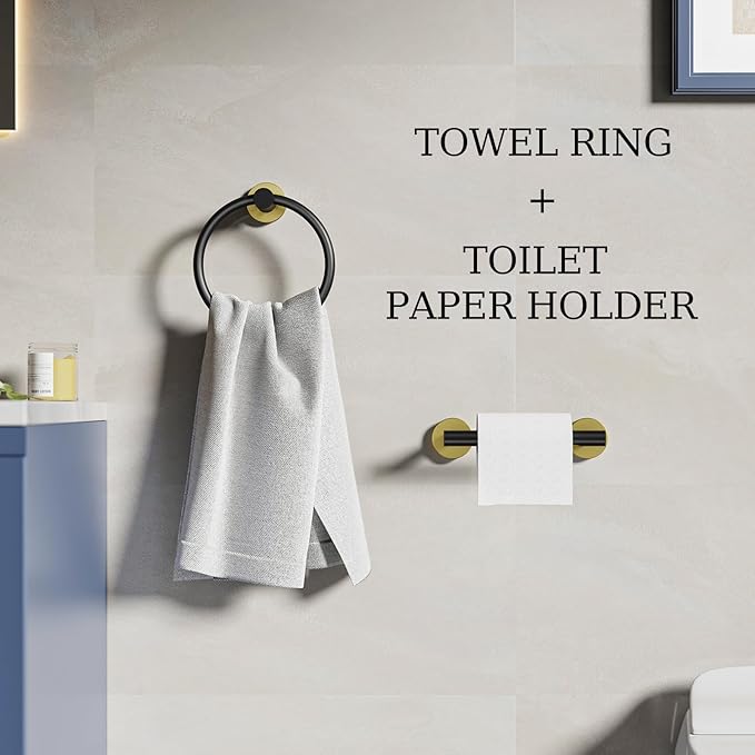 Black and Gold Toilet Paper Holder & Towel Holder, Bathroom Hardware Set-SUS304 Stainless Steel Double Post Pivoting Tissue Roll Holder and Hand Towel Ring Set for Bathroom, RV