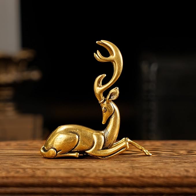 CHOVY Retro Handcrafted Nostalgic Deer Statue - 100% Solid Brass Body & Genuine White Copper Horns | Elegant Tabletop Decor, Vintage Desk Ornament, Unique Gift for Nature Lovers