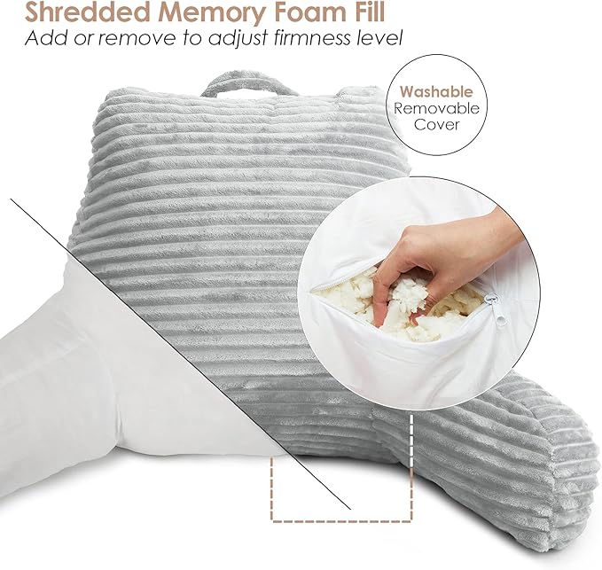 Clara Clark Reading Pillow for Bed Adult–Back Pillow for Sitting in Bed, Standard Plush Bed Pillows for Sitting Up in Bed, Shredded Foam Bed Chair Pillow with Arms and Pockets, Silver Bed Rest Pillow