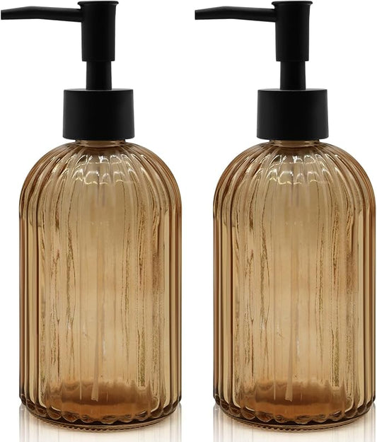 2 Pack 14oz Amber Glass Soap Dispenser with Black Pump – Refillable for Hand Soap, Dish Soap, Lotion, Suited for Kitchen, Bathroom & Laundry Room (Brown)