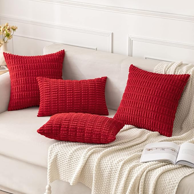 MIULEE Pack of 2 Red Corduroy Decorative Pillow Covers 16x16 Inch Soft Boho Striped Throw Pillow Covers Modern Farmhouse Home Decor for Sofa Living Room Couch Bed