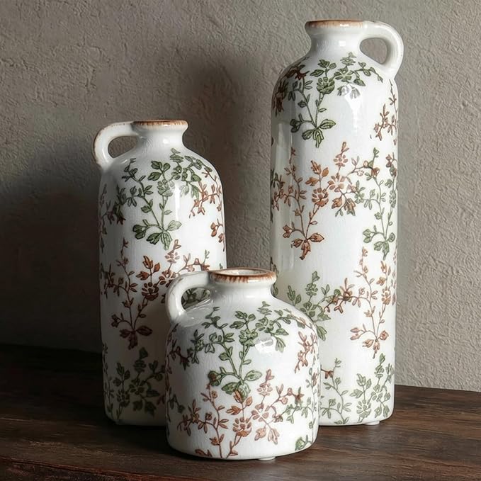 3-Piece Ceramic Jug Vase Set with Handles – Vintage Green Floral Crackle Glaze Decorative Vases for Home, Farmhouse Living Room, Shelf & Table Decor