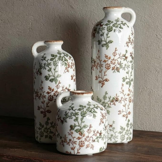 3-Piece Ceramic Jug Vase Set with Handles – Vintage Green Floral Crackle Glaze Decorative Vases for Home, Farmhouse Living Room, Shelf & Table Decor