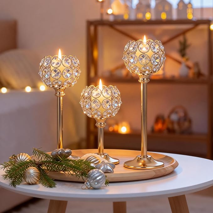 Crystal Candle Holders 2 Set of 6 - Gold Vintage Hollow Ball Candle Stand for Table Centerpiece, Crystal Metal Tealight Candlestick for Wedding, Dining Room Decor