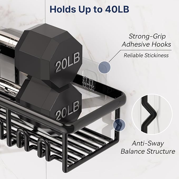 8 Pack Adhesive Rustproof Shower Shelves with Soap Dishes, Toothbrush Holder & Hooks, Large Capacity No-Drilling Shower Shelves Rack for Bathroom Organizers and Storage Accessories, Black