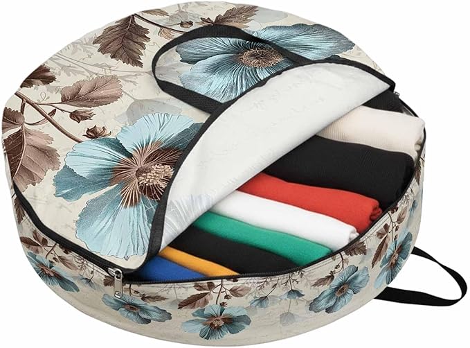 Victorian Style Round Storage Bag 30 Inch, Blue Retro Poppy Flower Plant Clothes Storage Container with Handles Heavy Duty Organizer for Comforter, Bedding & Holiday Wreaths